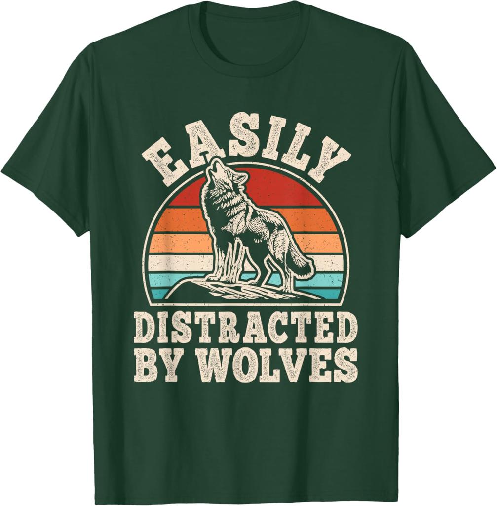 Easily Distracted By Wolves Retro Graphic T-Shirt Vintage Sunset Wolf Howling Print Casual Cotton Tee