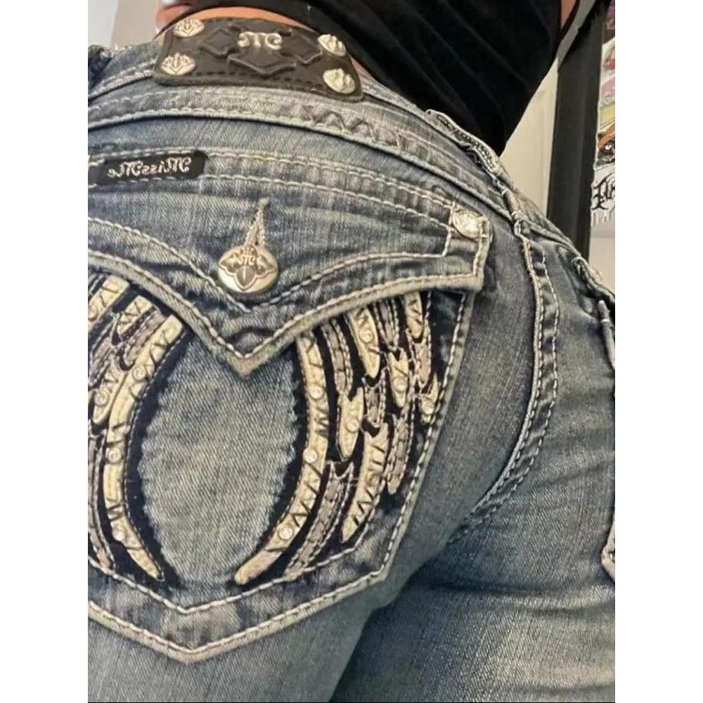 RogueWave Американские Ретро Узкие Расклешенные Джинсы Женские Y2k Харадзюку Готика Винтажные Карманы Вышитые Синие Джинсовые Брюки Низкая Посадка Широкие Штанины