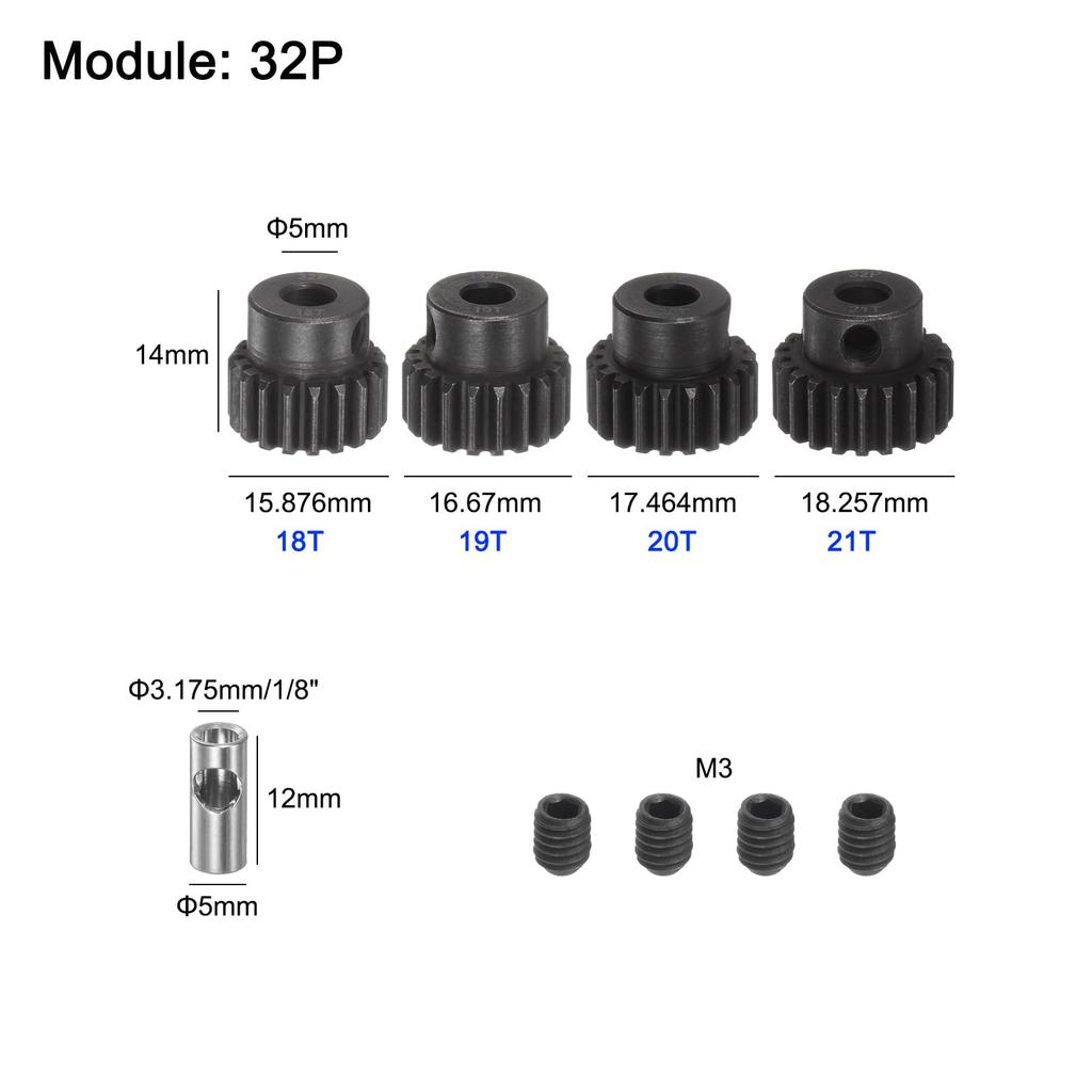uxcell 32P Pinion Gear Set, 5mm Shaft, 18T, 19T, 20T, 21T Motor Gear, Hardened Steel Pinion Gear with 3.17mm Coupler for RC Car (4 Pieces)
