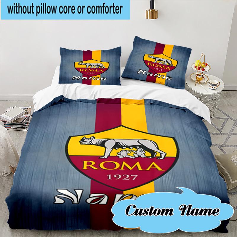 3PCS Custom Name Roma Football Crest Emblem Bedding Set, Including 1pc Duvet Cover And 2pcs Pillowcases, Suitable for dorms and bedrooms Gift