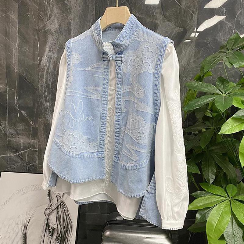 Женский джинсовый жилет без рукавов в китайском стиле в стиле ретро, весеннее и летнее свободное повседневное пальто нерегулярной формы