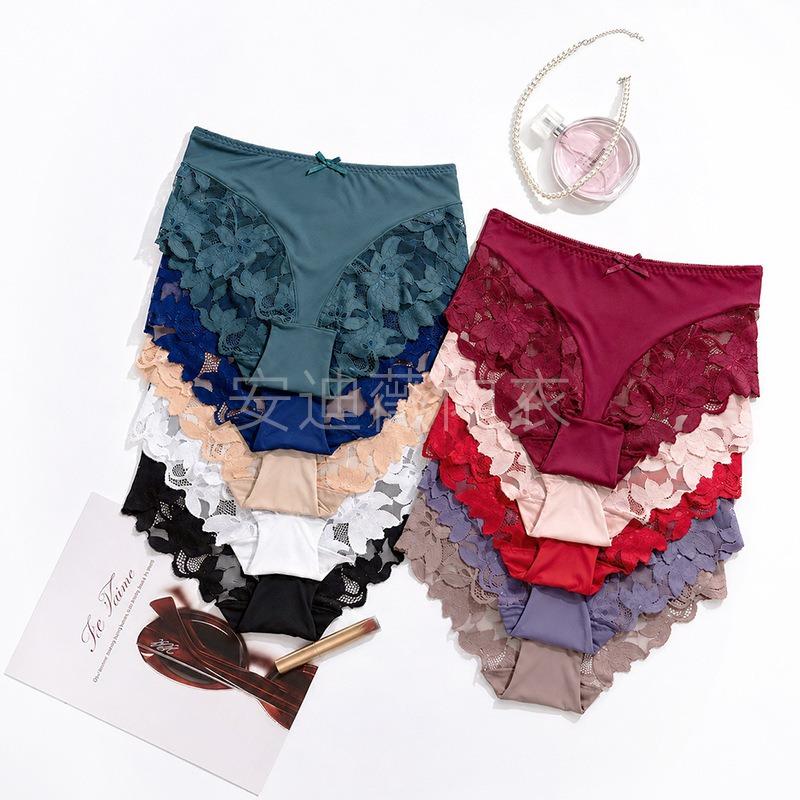 Women Mid Waist Large Size Solid Lace Mesh Patchwork Sexy Breathable Hip Lifting Panties