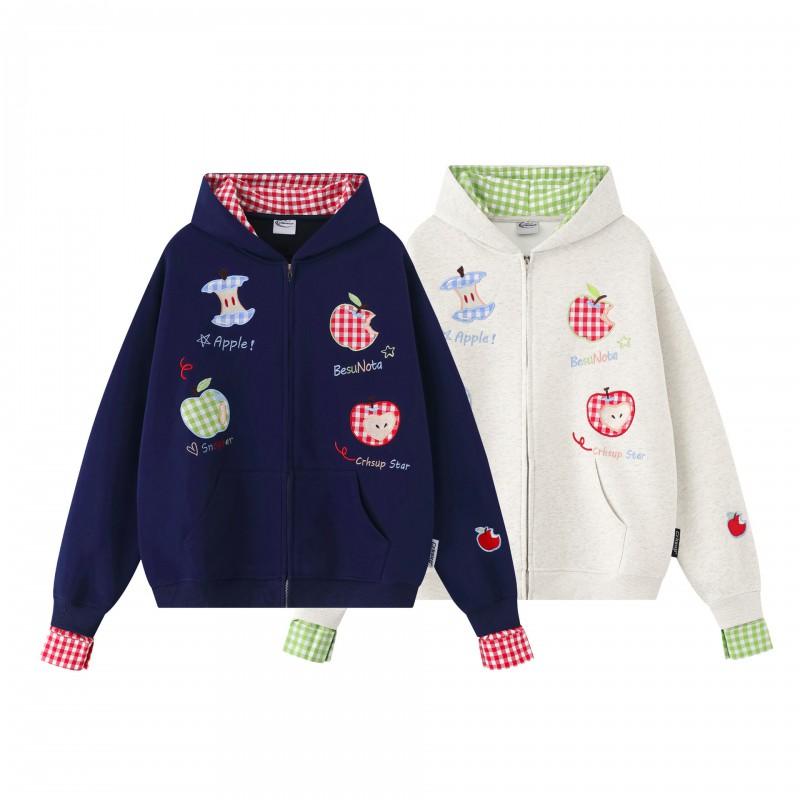 Unisex Oversized Hooded Zip-Up Sweatshirt With Embroidered Patchwork Design Vintage American Style Winter Casual Outerwear