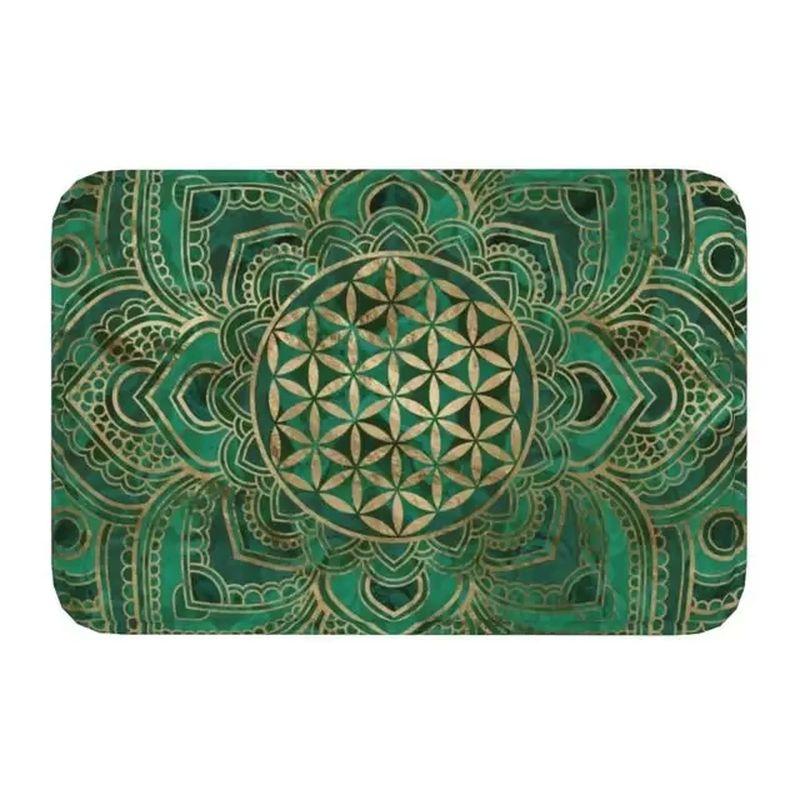 VIKAMA Bohemian Mandala Flower of Life Doormat Non Slip Waterproof Entry Floor Rug Blue Gold Sacred Pattern Home Decor