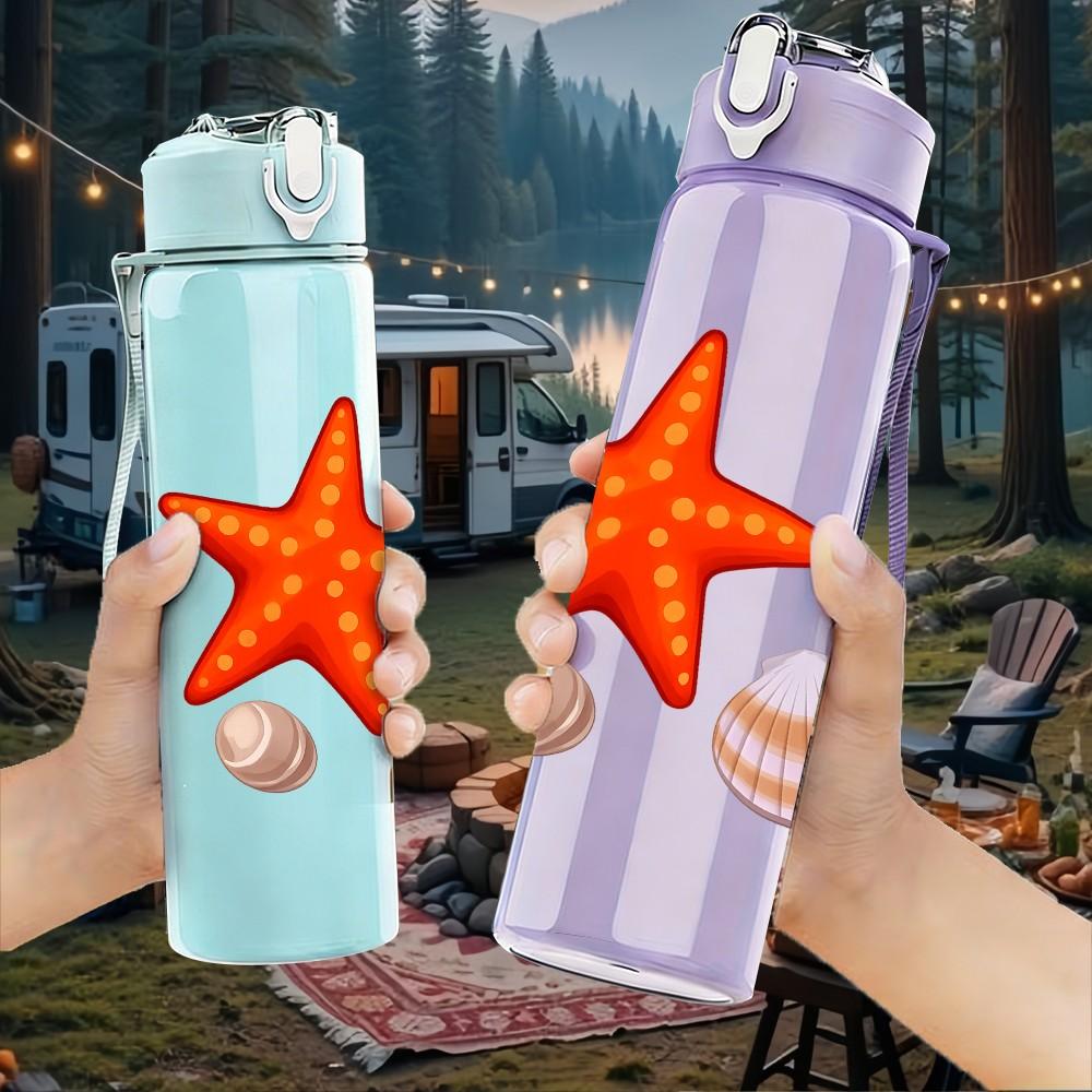 1PC Starfish Seashell Set Art 750ml Color Plastic Sports Water Bottle Leakproof Flip Straw Lid Suitable for Sports Office Home Use