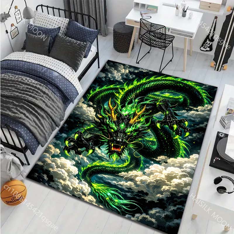 Green Flaming Dragon Swirling Through Clouds Carpet for Living Room Bedroom Sofa Home Decor Rus Non-slip Floor Mat Luxury Gift