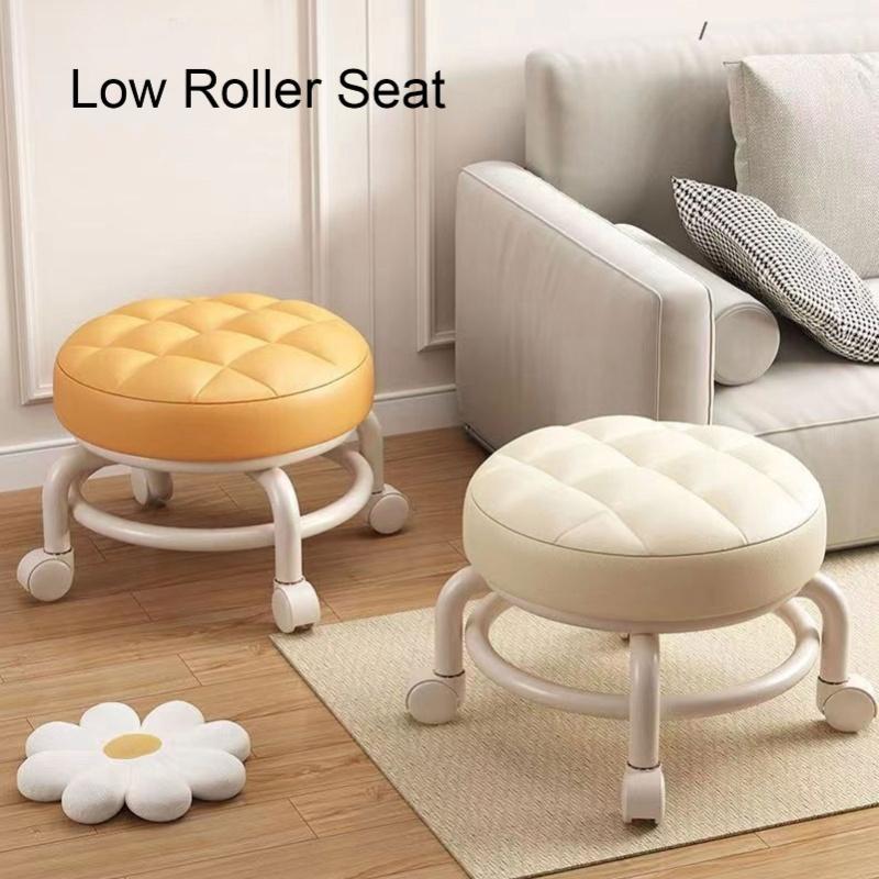 Low Roller Seat PU Leather Low Stool Mute Wheel Swivel Low Height Round Roller Chair For Home Office Garage Shop White