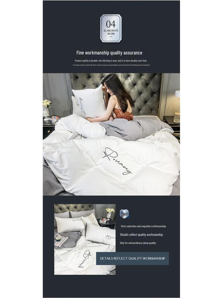 Solid Color Washed Cotton Quilt Cover with Simple Embroidery