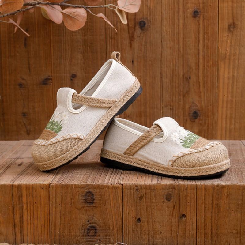 Johnature Женские туфли на плоской подошве в этническом стиле из хлопка и льна с круглым носком, вышитые вручную