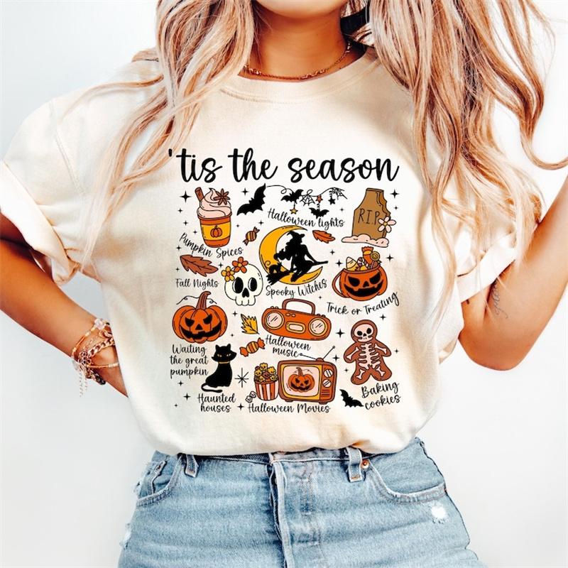 Halloween Lights Spooky Witches Printed TShirt Street Womens Short Sleeve Womens TShirt ONeck Retro Fun Clothing TShirt