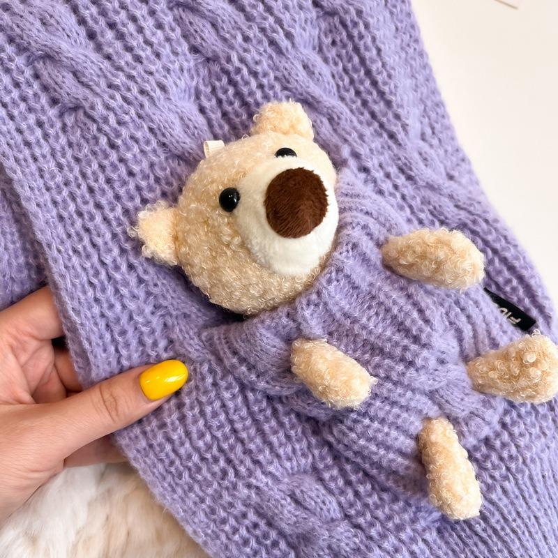 Новый фиолетовый шарф с медведем женский зимний модный утолщенный теплый вязаный шарф студенческий платок