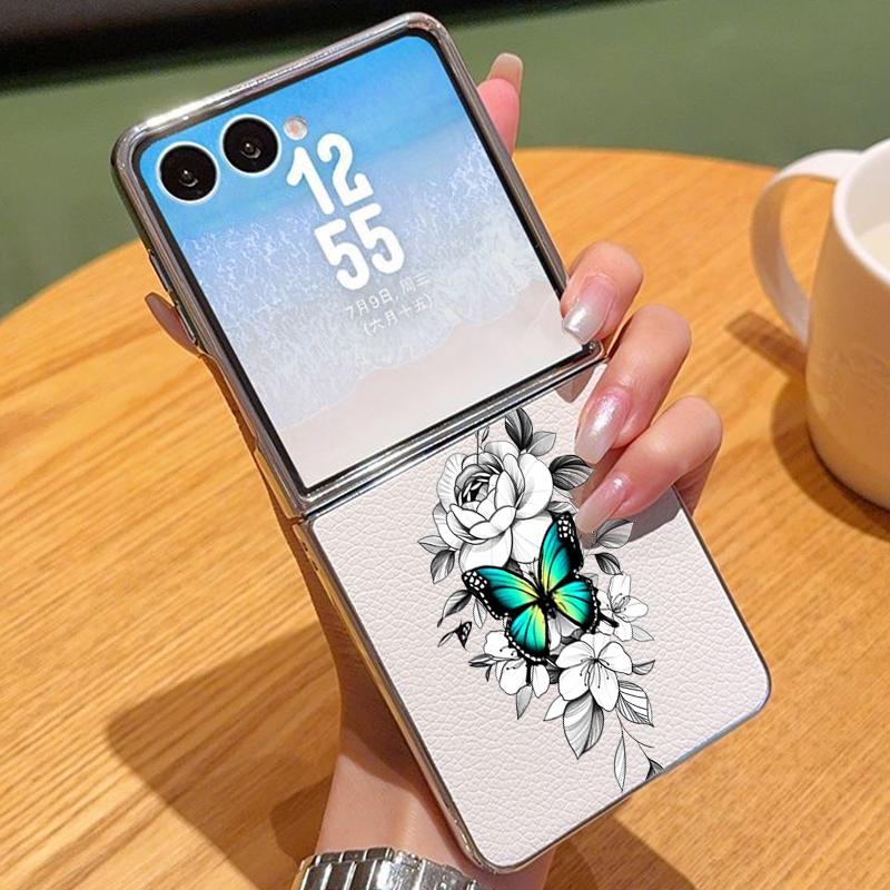 Butterfly Print PU Leather Phone Case For Samsung Galaxy Z Flip7 FE Flip6 Flip 7 6 5 5G Silver Plating Frame Hard Folding Cover