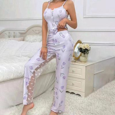 2 шт./комплект женский жилет брюки костюм бант сердечко принт без рукавов сборка кант топ сетчатые лоскутные брюки домашняя одежда одежда для сна наряд летняя одежда для отдыха