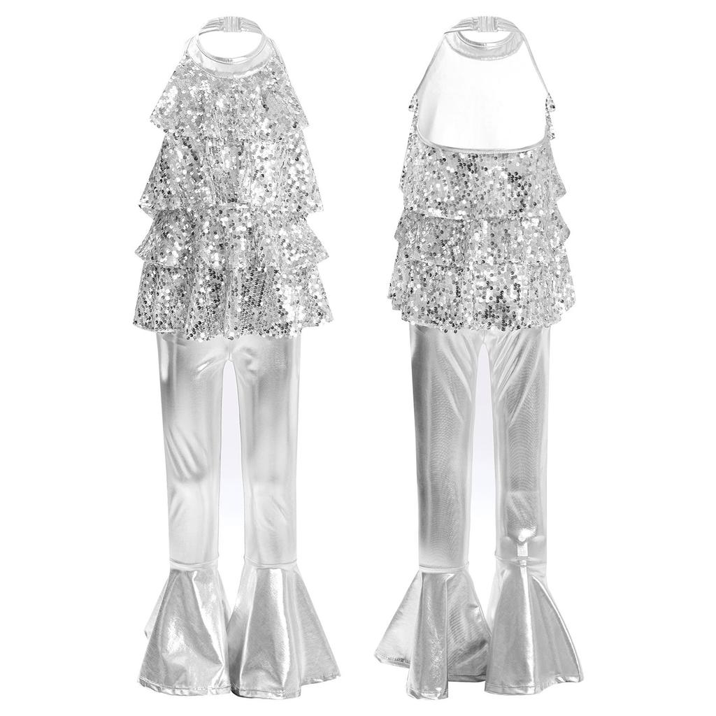 Блестящий леотард с пайетками для девочек, для джазовых танцев, халтер, без спины, с оборкой по подолу, брюки клеш, костюм для выступлений