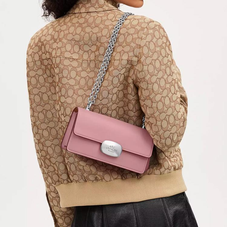 Coach Eliza 23 Snap Closure Chain Shoulder Strap Leather Crossbody Bag Medium Women Crossbody Bag Silver Fuchsia CP008-SVOUS