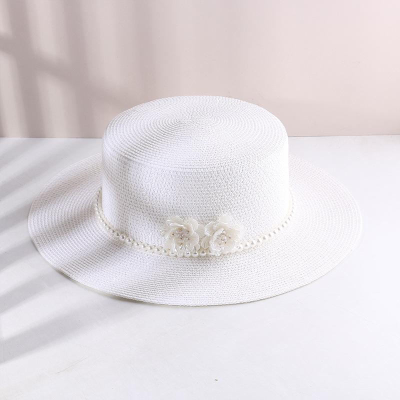 Summer Shade Face Shade Sun Hat Pearl Flower Hepburn Wind Beach Holiday Flat Top Straw Top Hat
