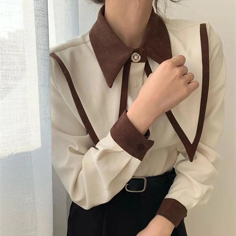 WTEMPO Vintage Elegant Shirts Women Chiffon Patchwork Ruffle Turn Down Collar Long Sleeve Blouse Office Lady Loose Tops