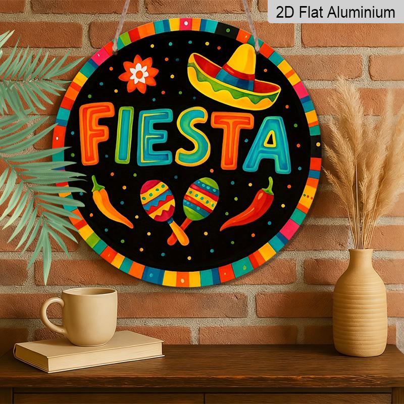 Плоский 2D, 1 шт. Круглая алюминиевая подвесная табличка 'Fiesta', Разноцветный дизайн с сомбреро, маракасами, перцем чили, Яркий металлический настенный декор к Cinco De Mayo