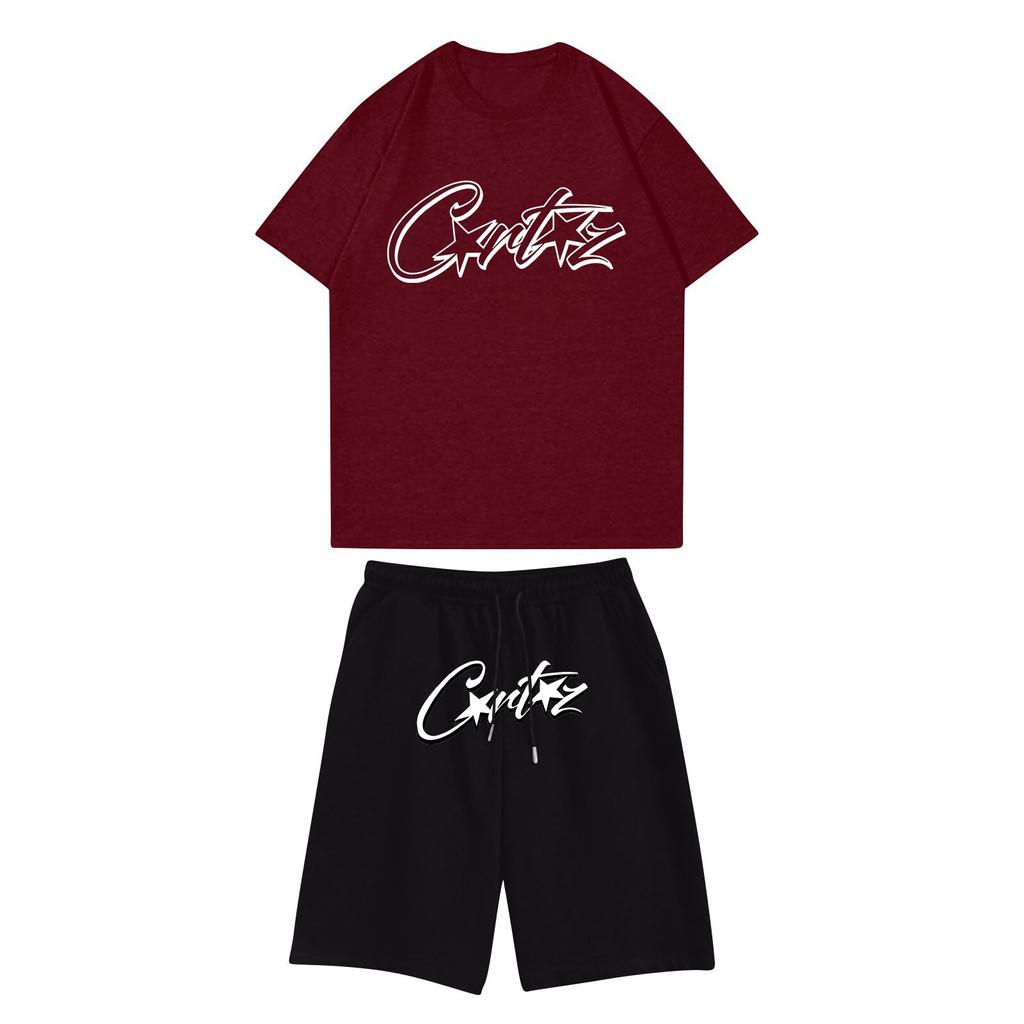 Унисекс комплект для бега, летняя повседневная футболка с короткими рукавами и круглым вырезом с принтом + шорты, спортивный костюм