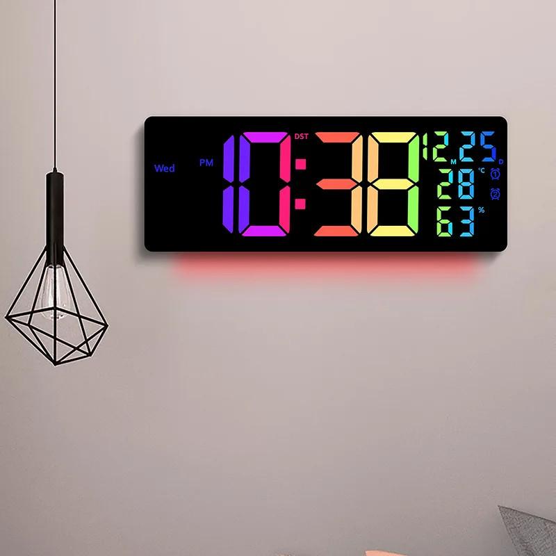 17-дюймовые Большие Цифровые Будильники для Дома Динамический RGB Дисплей Светодиодные Настенные Часы Декор Комнаты Цветные Светодиодные Цифровые Часы