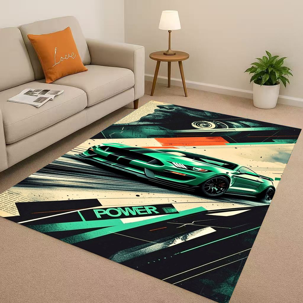 3D Mustang Racing Car Logo Moto Living Room Non-Slip Area Rug Carpet for Bedroom Playroom Sofa,Easy Clean Home Decor Doormat