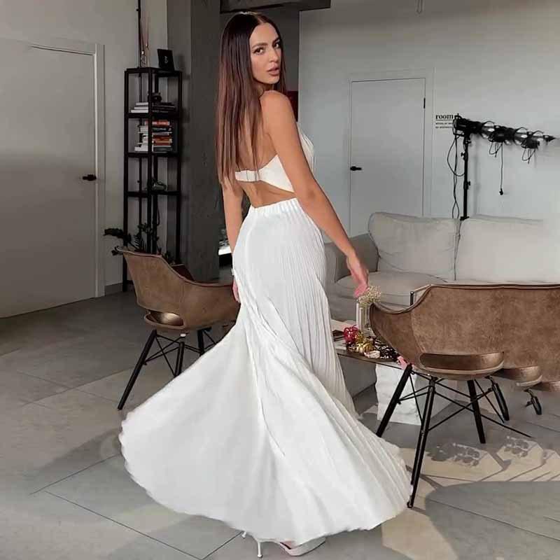Women's White Strapless Backless Slit Dress with Irregular Pleats and Waist Cinching Design Versatile and Elegant Women's Dress for Daily Wear