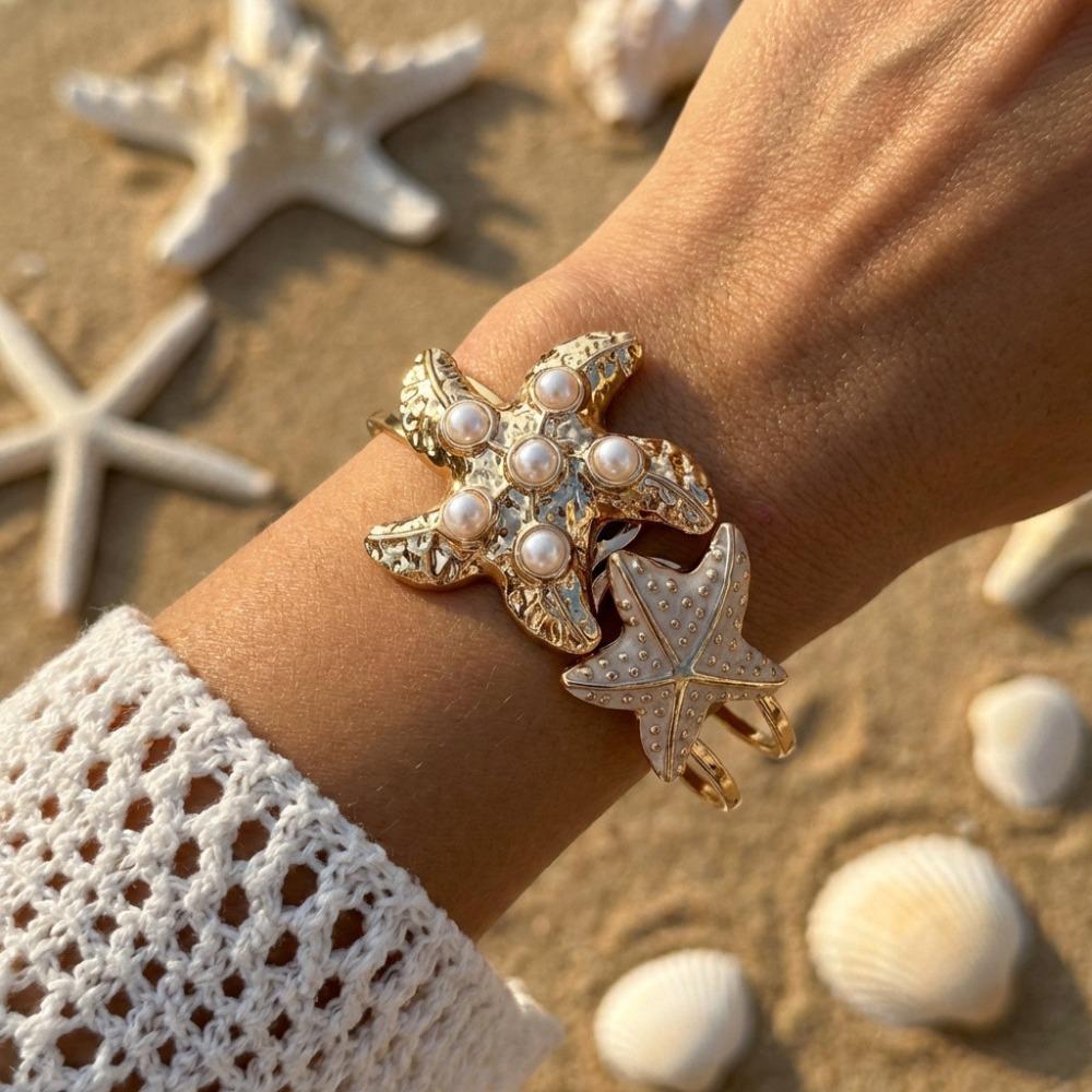Creative Pearl Shell Starfish Cuff Enamel Ocean Vibe Metal Bracelet Gold Color Irregular Open Bangle Women
