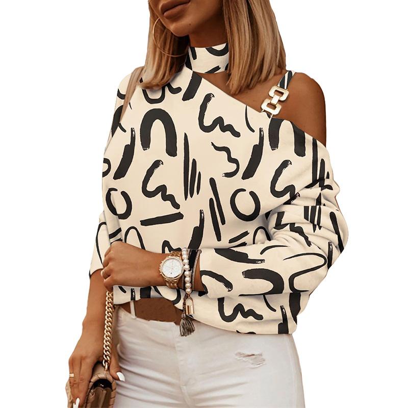 1PC рубашки весенняя блузка контрастного цвета топы цепочка свисающая горловина диагональные плечи пуловер женская мода