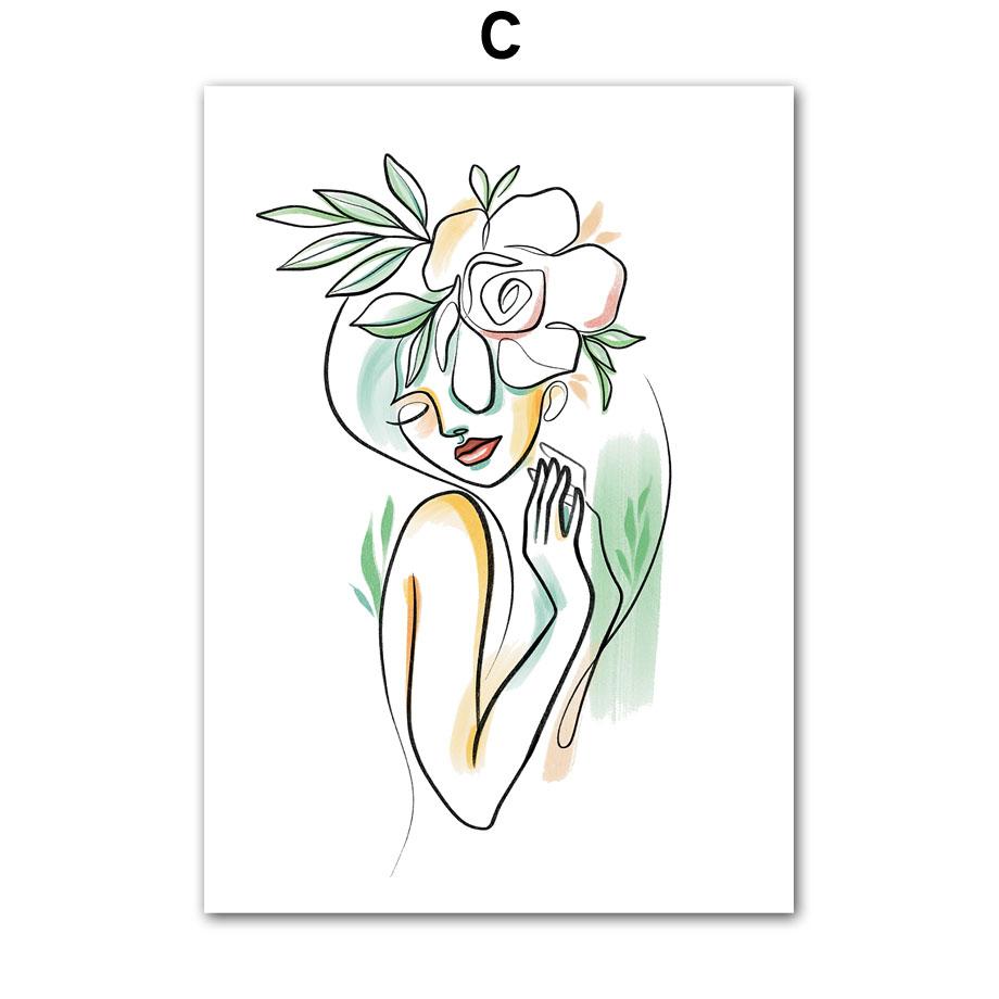 Настенная картина на холсте, линия, девушка с цветочным узором, минималистичные постеры на скандинавскую тему и принты, настенные панно для гостиной, домашний декор