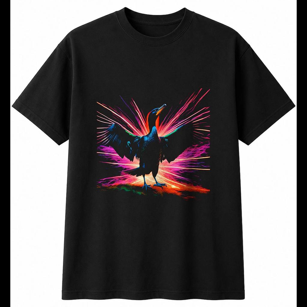 Double Exposure Cormorant Neon Glow Bird Mens T-Shirt Black 100% Cotton Printed