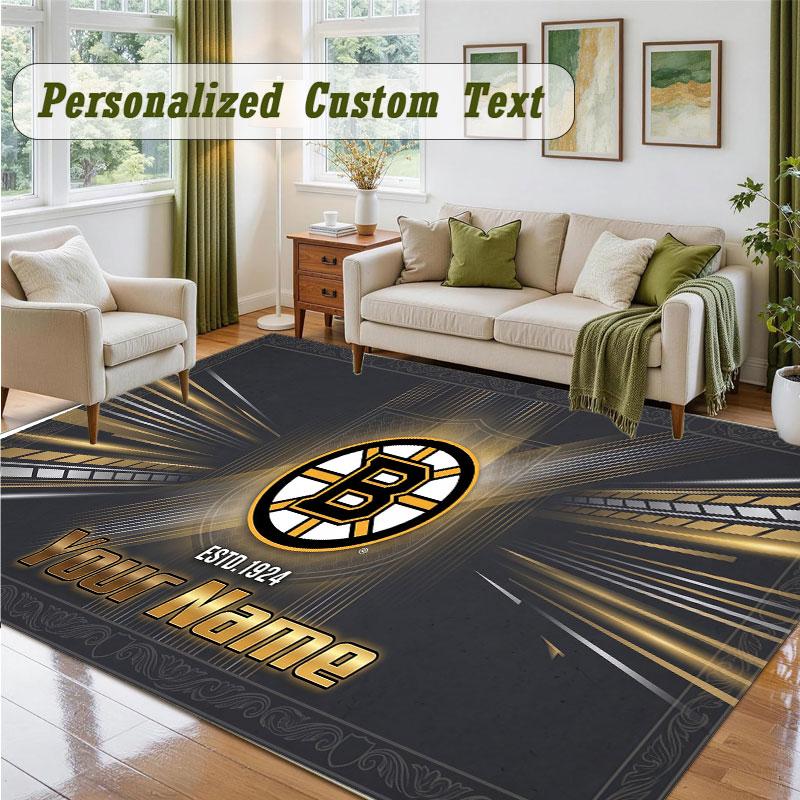 Crystal Velvet Square Rug Custom NameBoston Bruins Pattern Non Slip Home Floor Decor Rug
