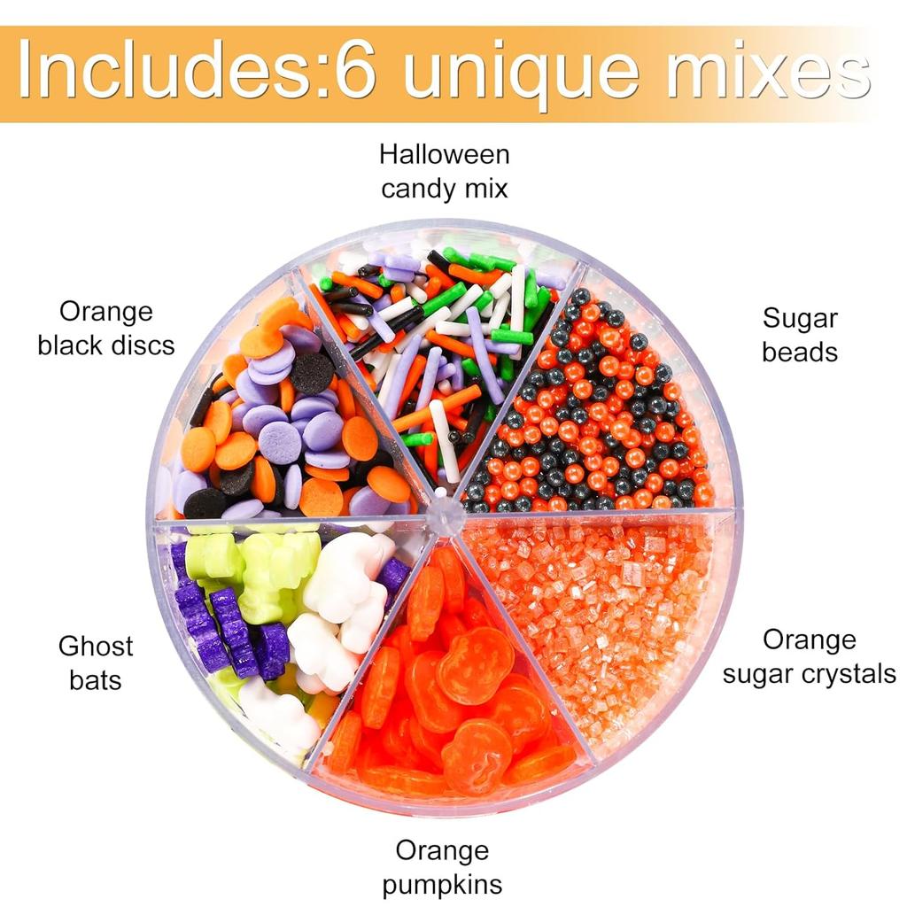 Halloween Sprinkles Mix, 6 Cell Assorted Festive Sprinkles Edible Colorful Variety Candy Sugar Sweets Icing Decorations for Bonbon Halloween Cookies
