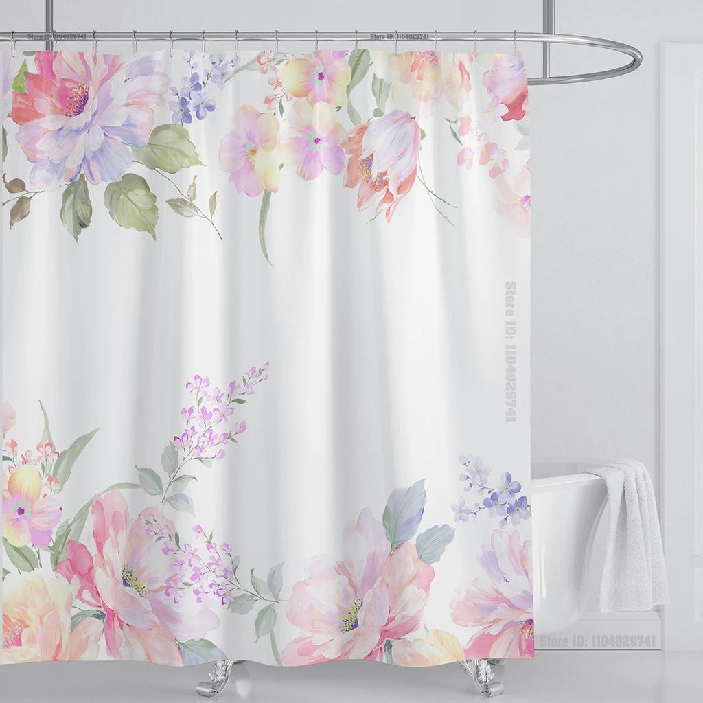Watercolor Leaves On The Top Plant With Floral Bathroom Greenery Leaf Decoration Watercolor Botanical Shower Curtain With Hooks