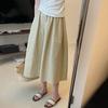 Cream A-line Midi Skirt: Spring/Summer, Chinese Style, Elastic High Waist