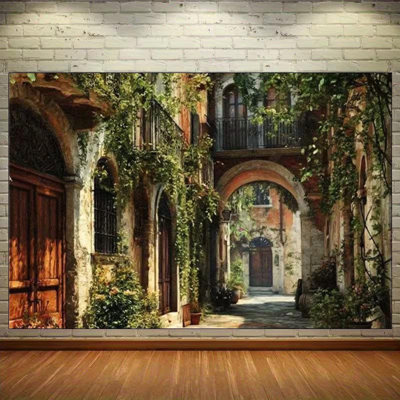 2D Romantic European Alley Backdrop, Old Town with Green Vines for Photoshoot