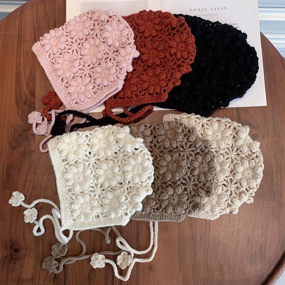 Crochet Beret Cap Hollow Flower Skullies Hat Breathable Princess Cap  for Child Girls