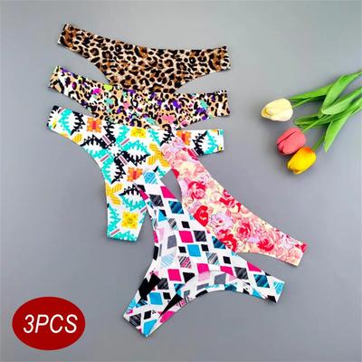 3 шт. Леопардовые стринги Женские трусики с принтом Ледяной шелк Бесшовные Цельные Женские Сексуальные стринги Нижнее белье Большой размер