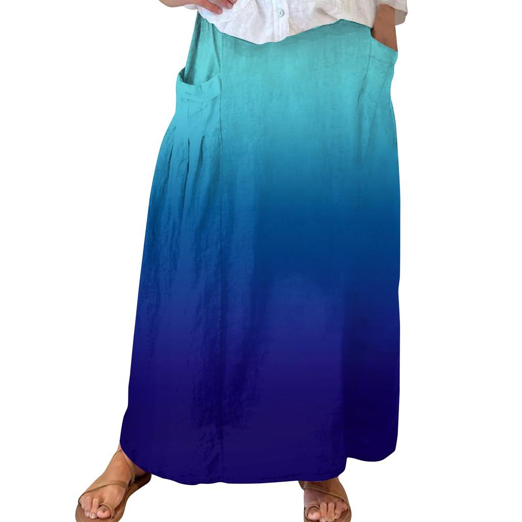 Women Casual Loose Boho Elastic Waist A-Line Beach Flowy Swing Vacation Maxi Skirt With Pocket