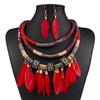 2Pcs Feather Tassel Charm Multilayer Choker Lady Statement Necklace Earrings Set
