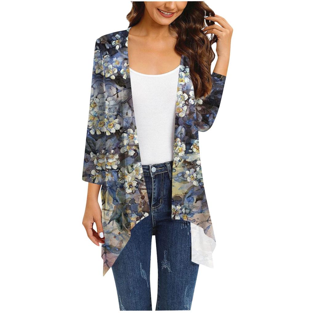Women's Print Irregular Three-quarter Sleeve Cardigan With Pocket Jacket