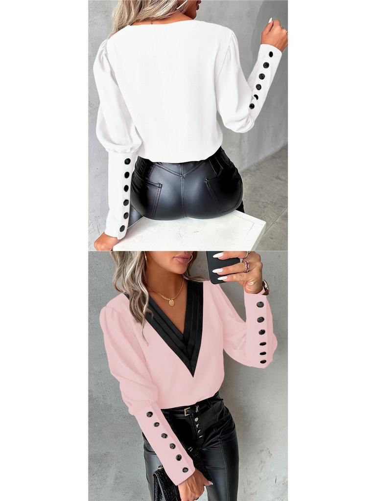2026 Autumn Fashion V-Neck Solid Color Long Sleeve Button-Up Women's Shirt