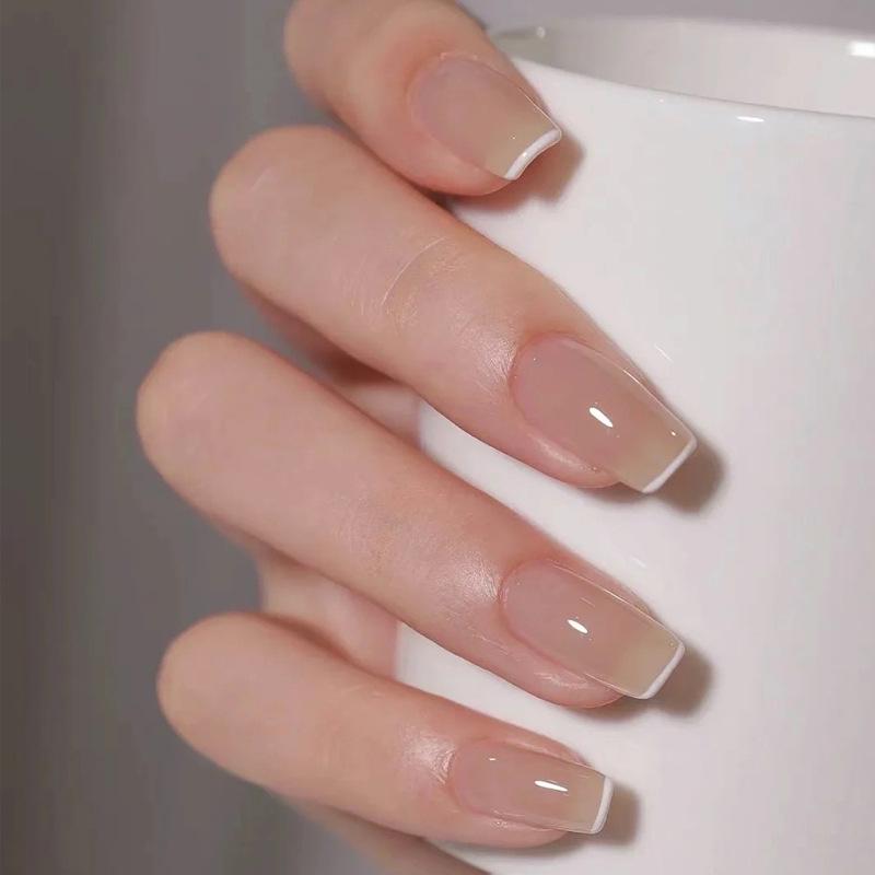Medium-Long Gradient French White Removable Fake Nail Stickers