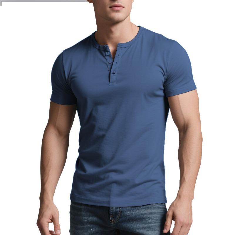 Мужская летняя повседневная облегающая однотонная рубашка-henley с коротким рукавом