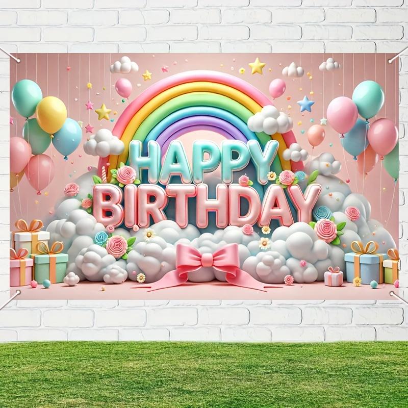 Happy Birthday Background Banner - Balloon and Rainbow Design, Polyester Photo Background for Parties