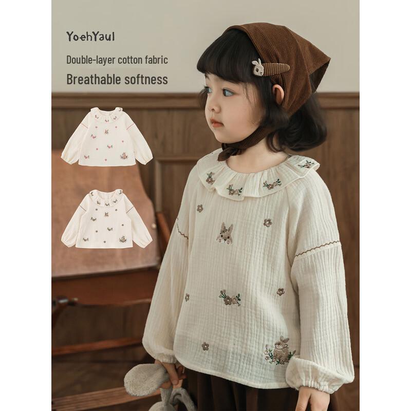 Милая хлопковая рубашка YoYo Girls с вышивкой в виде кролика и воротником-жабо