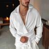 Men Long Sleeve Front Cross Belt Hooded Shirts Casual Loose Tops