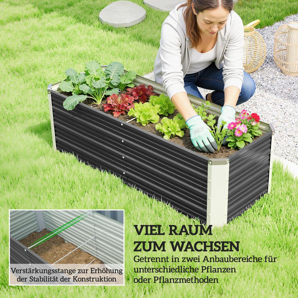 Steel raised garden bed, planter box, flower box, flower pot with gloves, charcoal gray, 125 x 47 x 44 cm