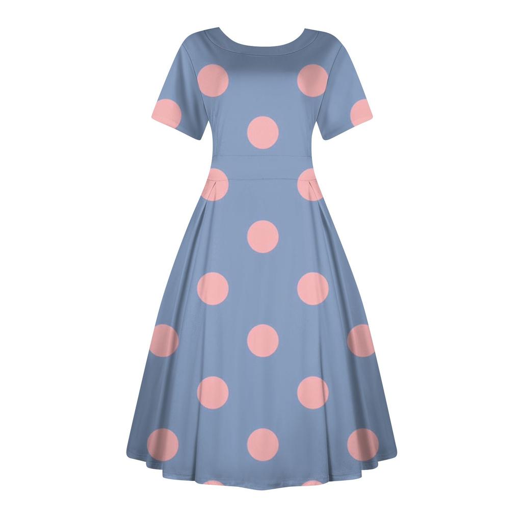 Women's Casual Fashion Dress Vintage Sunflower Printed Round Short Sleeve Waisted Midi Long Big Swing Dresses