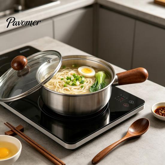 Антипригарное молочное кастрюлька с деревянной ручкой, крышка и ручка для лапши быстрого приготовления, кастрюлька из нержавеющей стали с антипригарным покрытием, совместимая с индукционными плитами, для общежитий