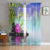 Flowers Stone Green Bamboo Modern Printed Tulle Curtains for Bedroom Balcony Window Decor Creative Fashion Home Sheer Curtain
